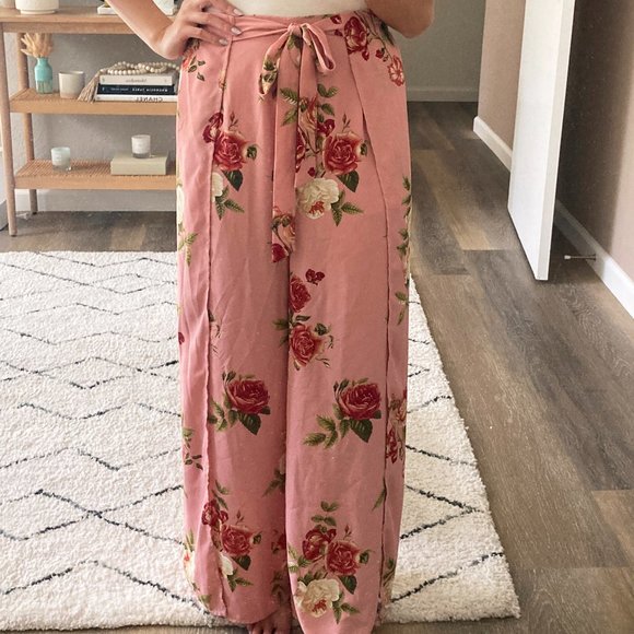 Split Hem Pink Floral Pants - Picture 1 of 4